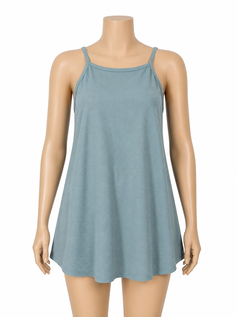 Avia Dusty Blue Ribbed Mini Dress with Spaghetti Straps. Short Under